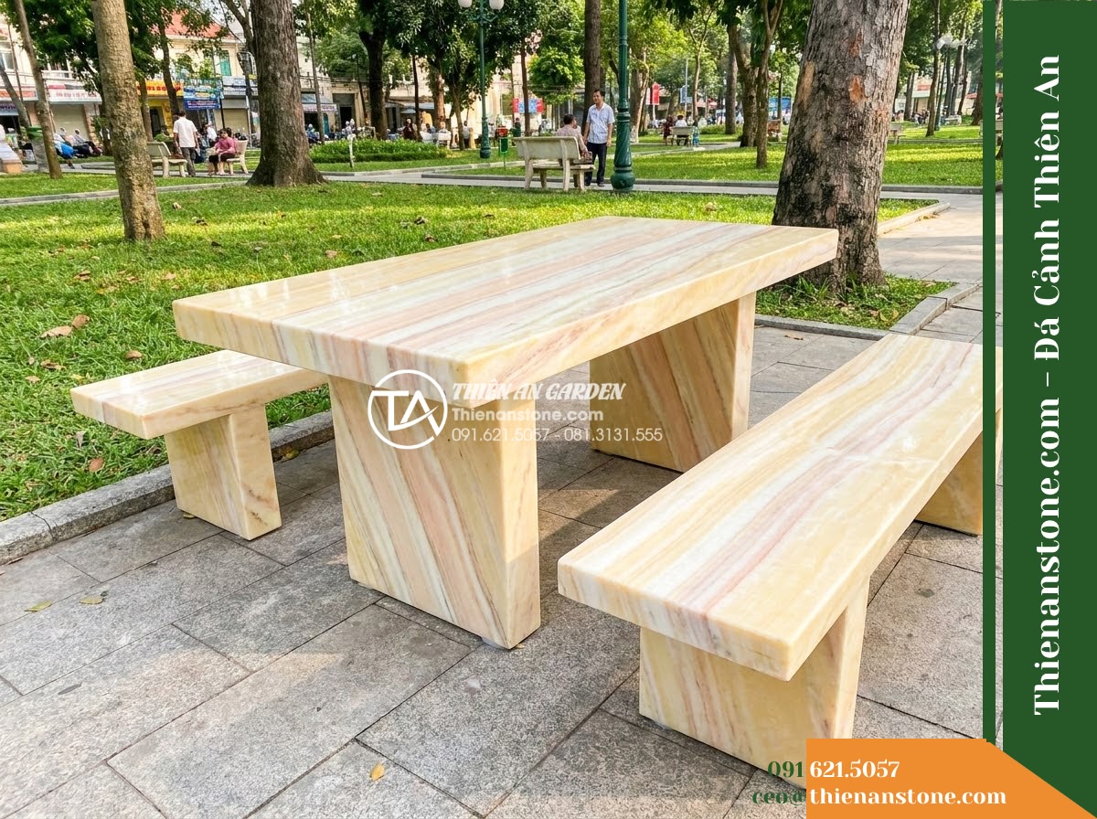Ghế Đá Công Viên Không Tựa Liền Khối Thiên Kim 160x50x45cm – Đá Vàng Cẩm Thạch