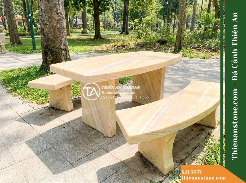 Ghế Đá Công Viên Không Tựa Mặt Cong Nhật Hạ 150x45x45cm – Đá Vàng Cẩm Thạch