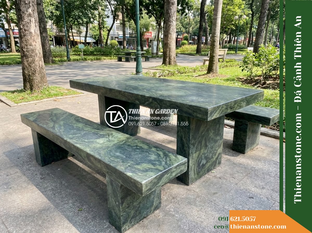 Ghế Đá Công Viên Không Tựa Mặt Phẳng Minh Sơn 160x45x45cm – Đá Xanh Cẩm Thạch