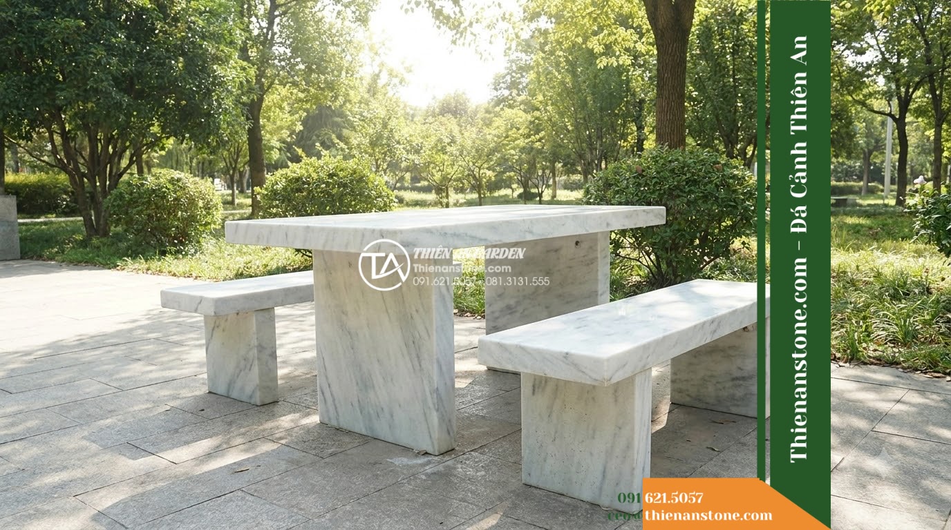 Ghế Đá Công Viên Không Tựa Mặt Phẳng Trường Phúc 160x45x45cm – Đá Trắng Cẩm Thạch