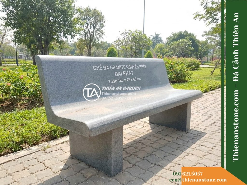 Ghế Đá Granite Nguyên Khối Đại Phát – Kích thước 180 x 48 x 45 cm – Kiểu dáng mặt cong nhẹ, cạnh vát thanh thoát. Chất liệu đá granite
