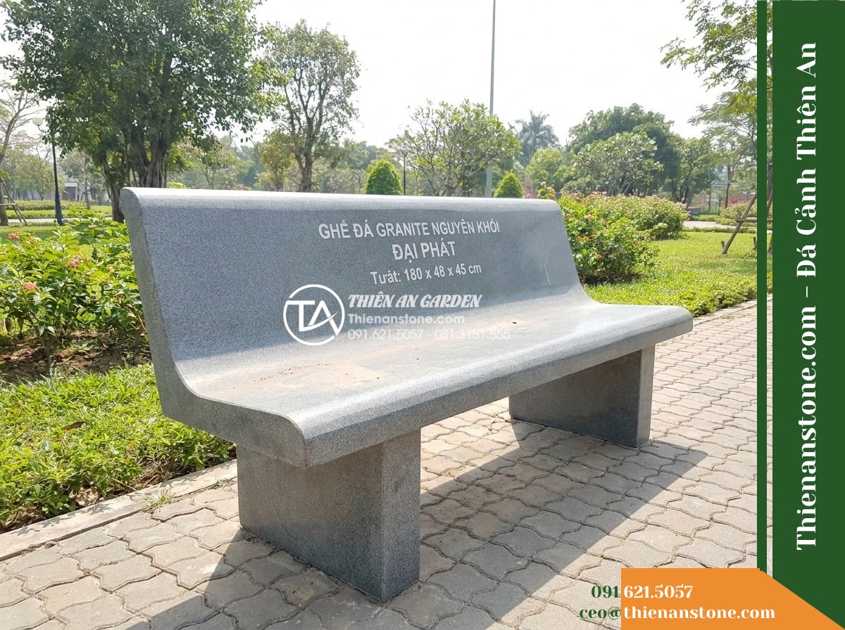 Ghế Đá Granite Nguyên Khối Đại Phát – Kích thước 180 x 48 x 45 cm – Kiểu dáng mặt cong nhẹ, cạnh vát thanh thoát. Chất liệu đá granite
