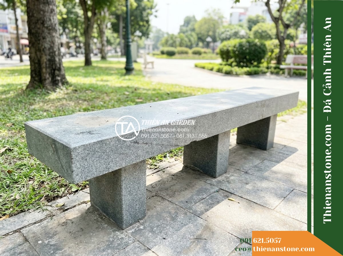 Ghế Đá Granite Nguyên Khối Đức Phát – Kích thước 200 x 48 x 45 cm – Kiểu dáng băng siêu dài, chân trụ ba điểm. Chất liệu đá granite