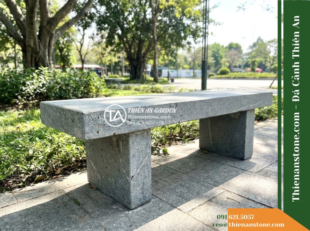 Ghế Đá Granite Nguyên Khối Khánh An – Kích thước 175 x 46 x 45 cm – Kiểu dáng mặt chữ nhật, chân khối chữ T. Chất liệu đá granite