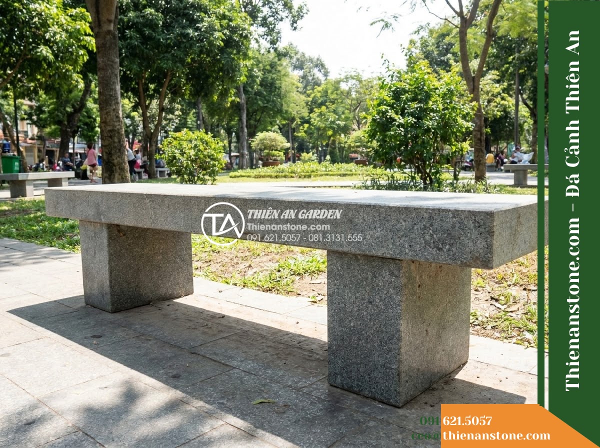 Ghế Đá Granite Nguyên Khối Minh Phát – Kích thước 185 x 48 x 45 cm – Kiểu dáng băng dài, chân trụ đôi bản rộng. Chất liệu đá granite