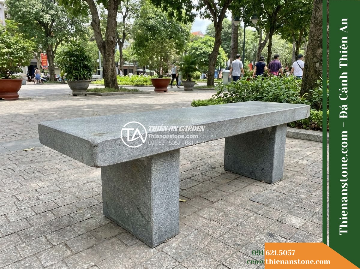 Ghế Đá Granite Nguyên Khối Tâm An – Kích thước 150 x 46 x 45 cm – Kiểu dáng mặt phẳng bo góc nhỏ, chân hộp. Chất liệu đá granite