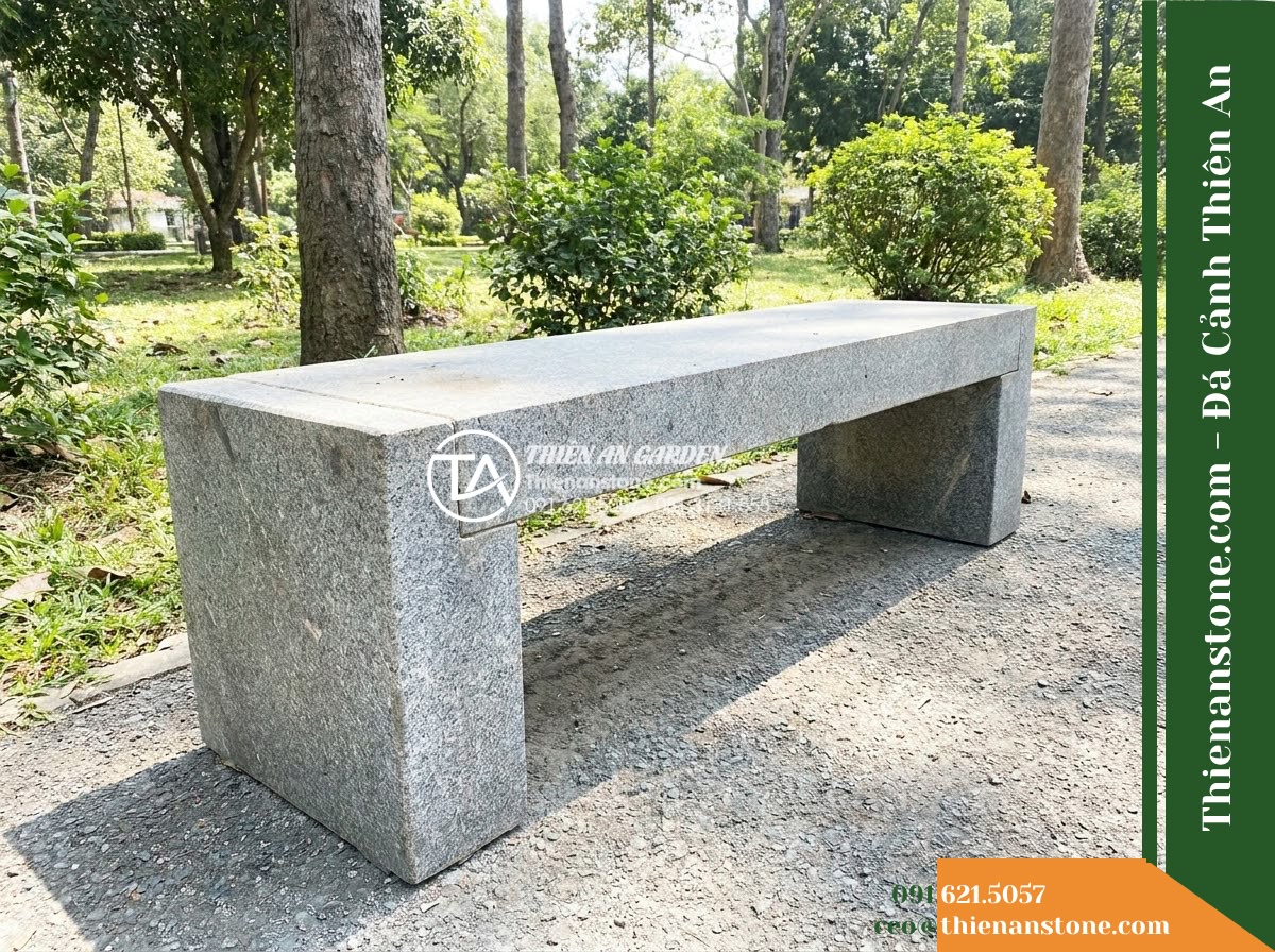 Ghế Đá Granite Nguyên Khối Thành Đạt – Kích thước 180 x 46 x 45 cm – Kiểu dáng cạnh vuông, chân chữ U liền khối. Chất liệu đá granite
