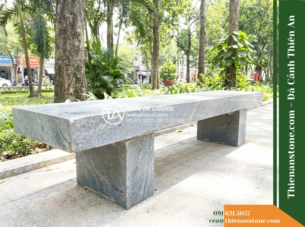 Ghế Đá Granite Nguyên Khối Thiên Phúc – Kích thước 200 x 50 x 45 cm – Kiểu dáng bản lớn, mặt dày, chân liền chắc chắn. Chất liệu đá granite