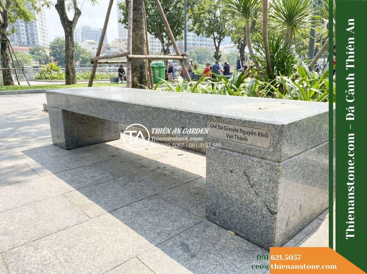 Ghế Đá Granite Nguyên Khối Vạn Thành – Kích thước 195 x 48 x 45 cm – Kiểu dáng dài khỏe khoắn, chân vuông bản rộng. Chất liệu đá granite
