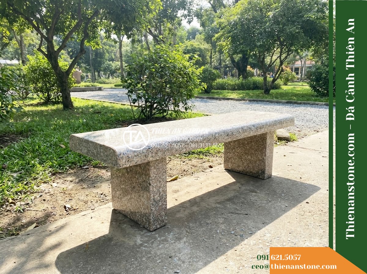Ghế Đá Granito Bảo Minh – Kích thước 150 x 46 x 45 cm – Kiểu dáng không tựa, mặt cong nhẹ, chân đôi. Chất liệu đá granito (đá mài)