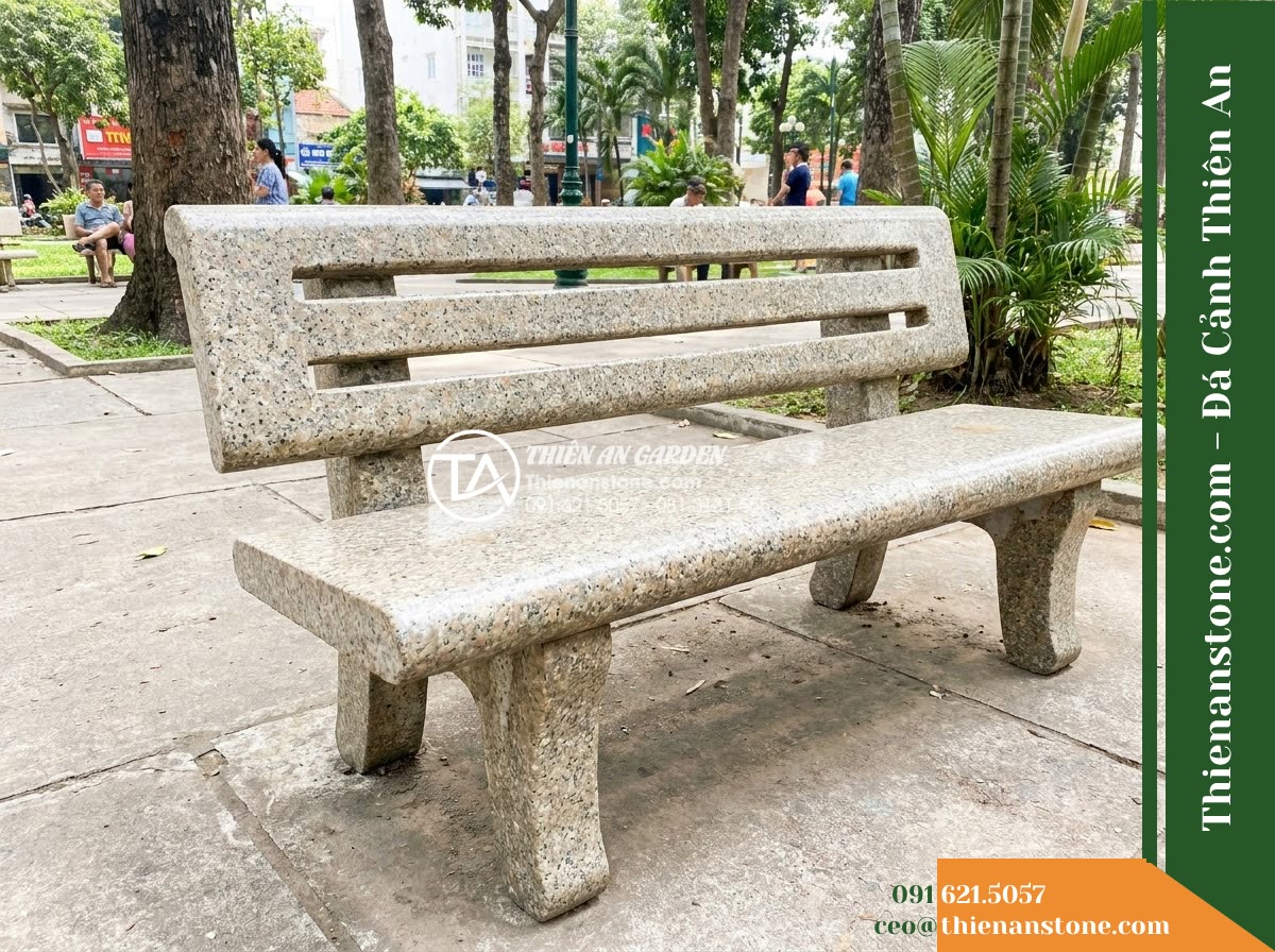 Ghế Đá Granito Bình Minh – Kích thước 160 x 50 x 80 cm – Kiểu dáng tựa nan chữ nhật, cạnh mềm mại. Chất liệu đá granito (đá mài)