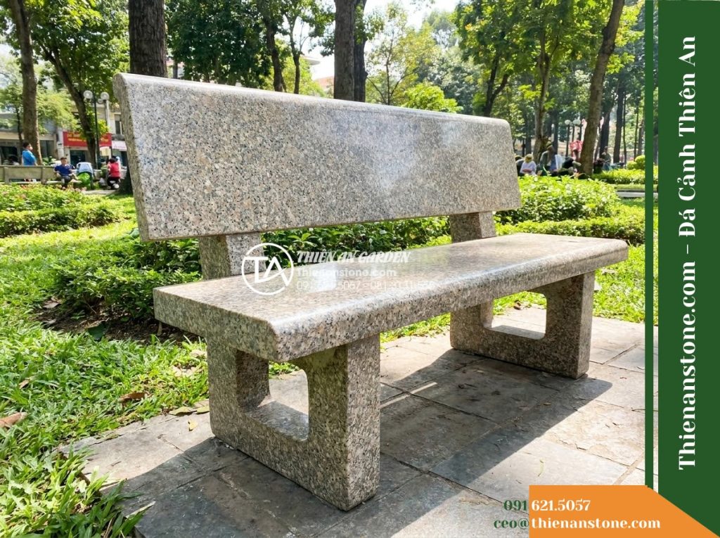 Ghế Đá Granito Đại Phúc – Kích thước 185 x 50 x 84 cm – Kiểu dáng tựa cao bản lớn, chân chữ U. Chất liệu đá granito (đá mài)