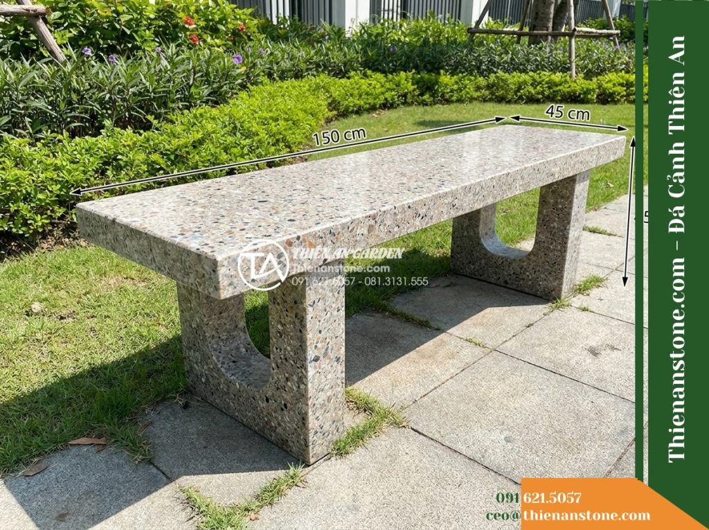Ghế Đá Granito Trường An – Kích thước 150 x 45 x 45 cm – Kiểu dáng không tựa, mặt phẳng, chân chữ U. Chất liệu đá granito (đá mài)