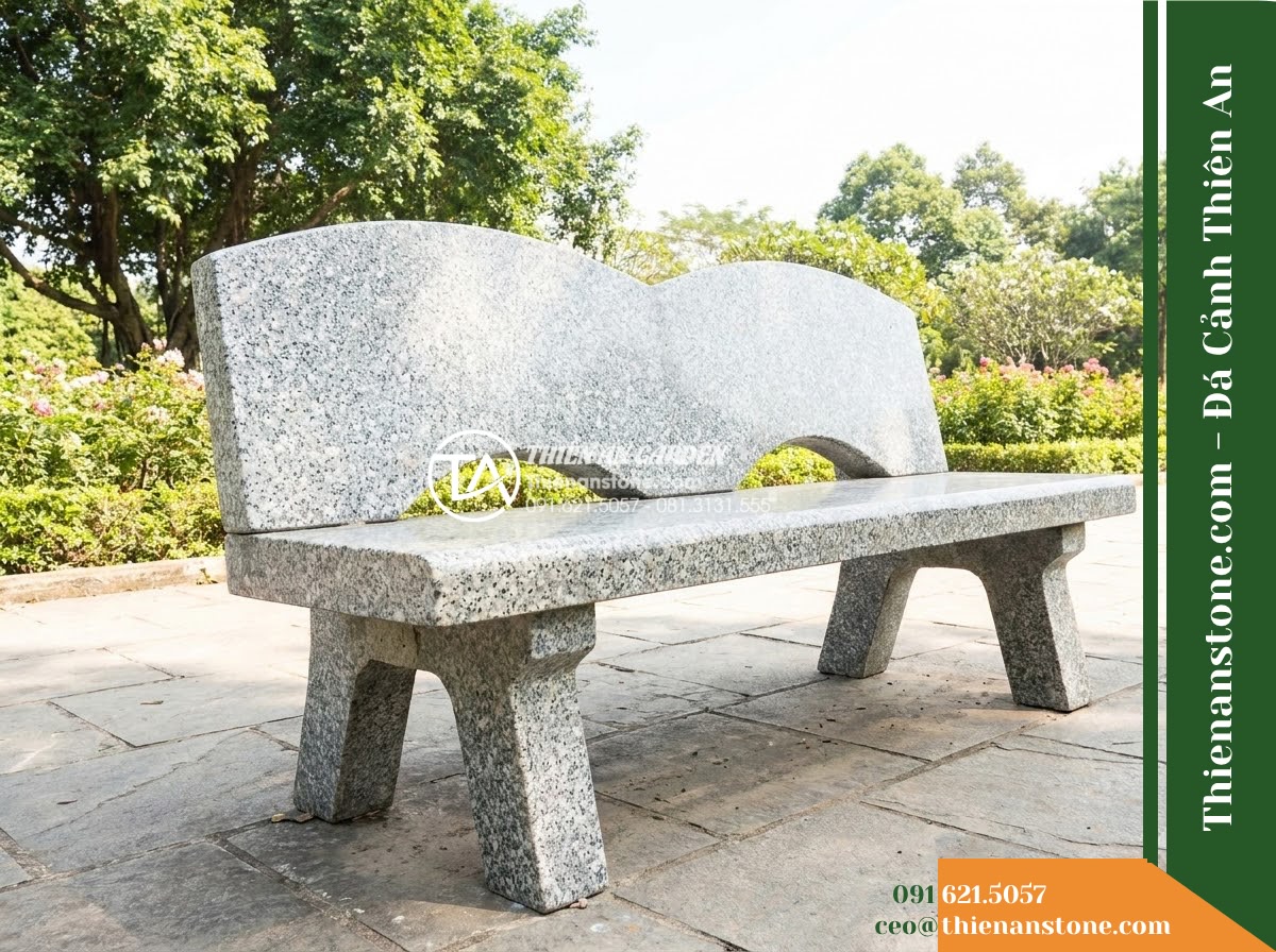 Ghế Đá Granito Tường Phúc – Kích thước 165 x 50 x 82 cm – Kiểu dáng tựa vòm đôi, chân chữ A cân đối. Chất liệu đá granito (đá mài)