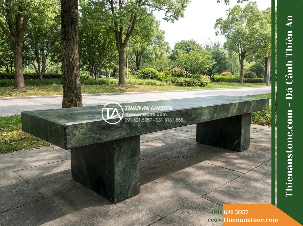 Ghế Đá Sân Trường Học Đường – Kích thước 200 x 50 x 45 cm – Kiểu dáng băng dài không tựa, thiết kế tối giản. Chất liệu đá Xanh rêu
