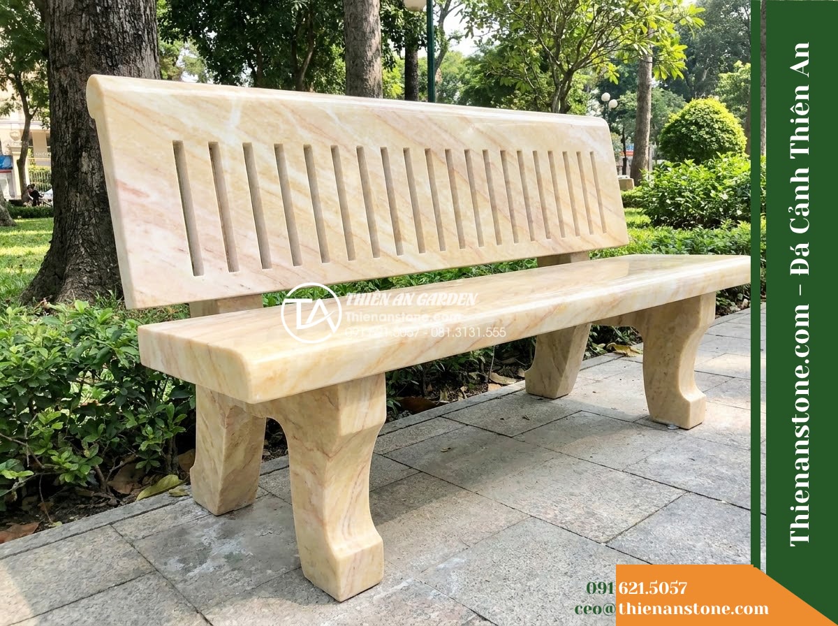 Ghế Đá Sân Trường Hướng Dương – Kích thước 165 x 48 x 78 cm – Kiểu dáng tựa nan dọc thanh mảnh. Chất liệu đá vàng cẩm thạch