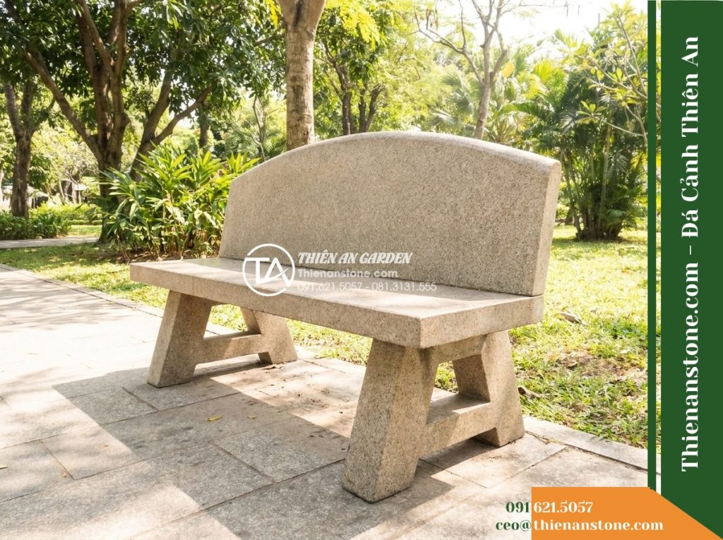 Ghế Đá Sân Trường Nắng Mai – Kích thước 170 x 50 x 82 cm – Kiểu dáng tựa vòm cao, chân chữ A. Chất liệu đá hoa cương