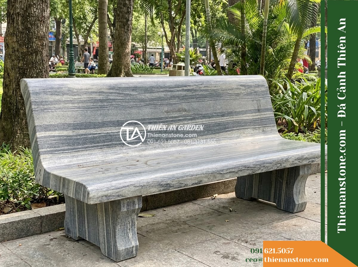 Ghế Đá Sân Trường Ngôi Sao – Kích thước 170 x 48 x 80 cm – Kiểu dáng tựa liền bo cong, mặt ngồi rộng. Chất liệu đá vân mây