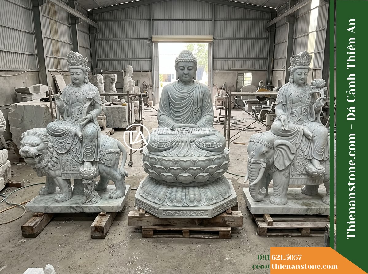Bộ Tượng Hoa Nghiêm Tam Thánh Bằng Đá Granite Dáng Liền Bộ 110x90x180