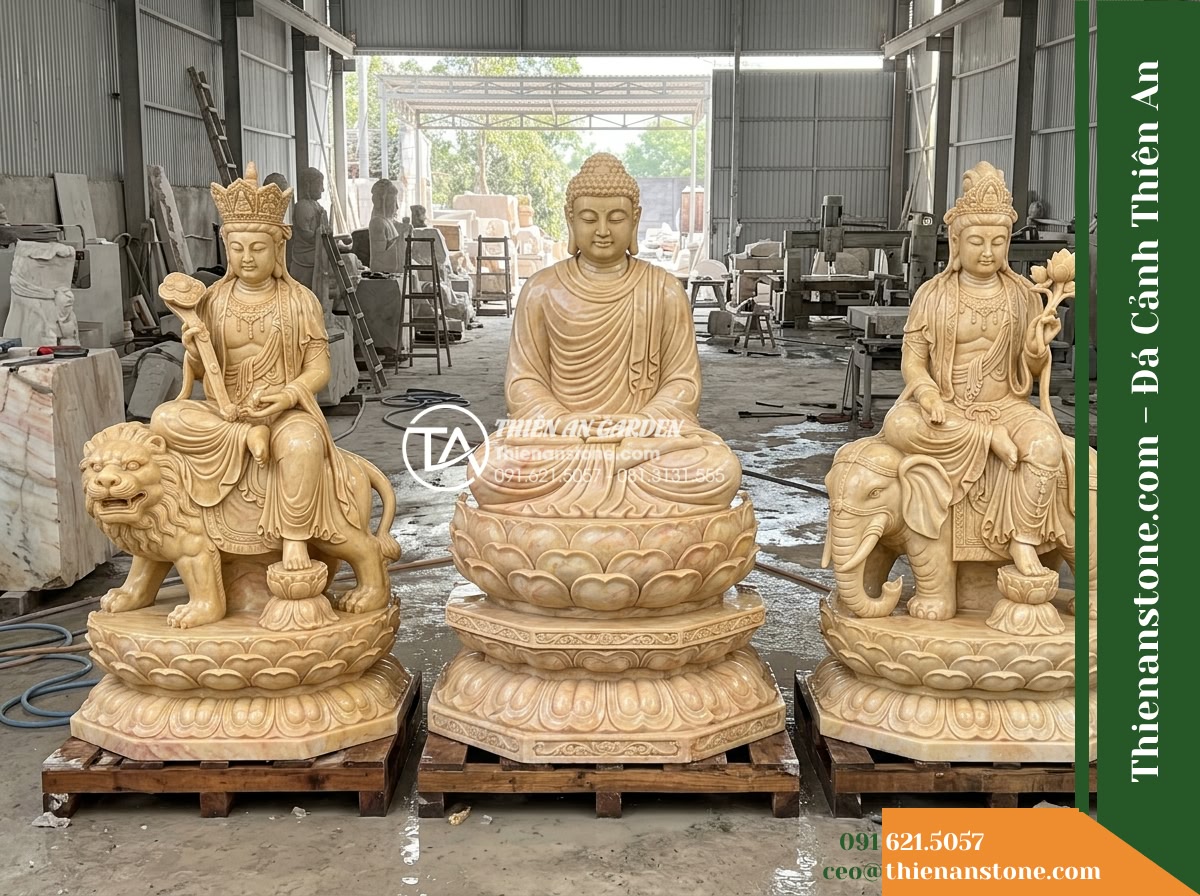 Bộ Tượng Hoa Nghiêm Tam Thánh Bằng Đá Vàng Cẩm Thạch Dáng Đại Đài Sen 190x170x310