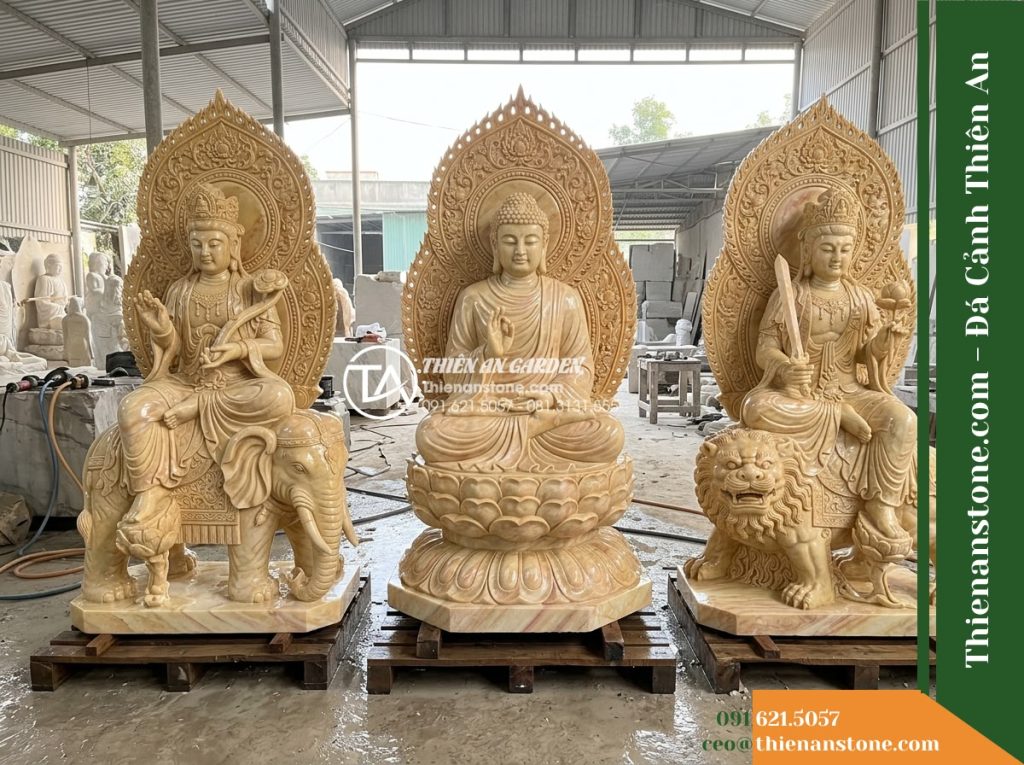 Bộ Tượng Hoa Nghiêm Tam Thánh Bằng Đá Vàng Cẩm Thạch Dáng Hào Quang Lớn 130x110x210