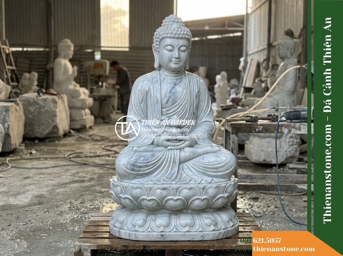 Tượng Phật A Di Đà Bằng Đá Trắng Xanh Dáng Ngồi Sen 45x40x70