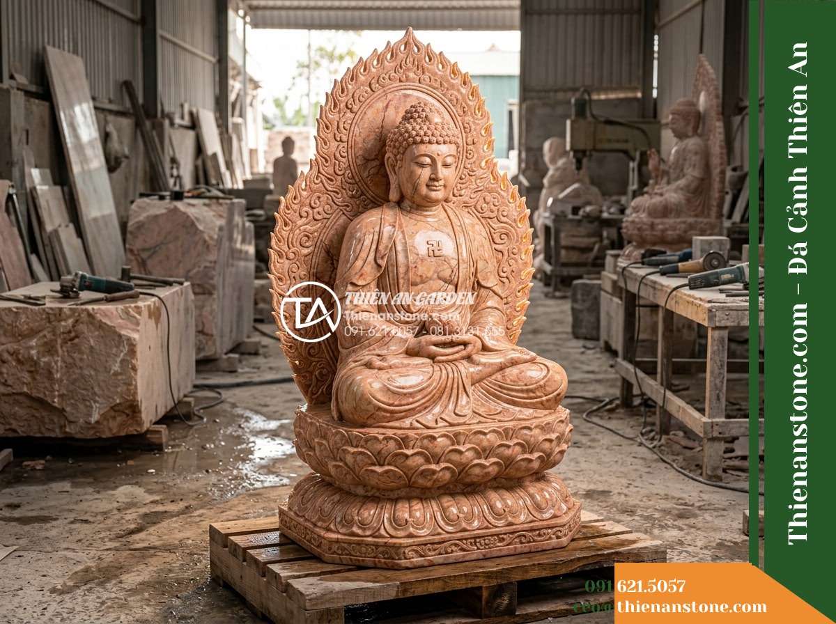 Tượng Phật A Di Đà Bằng Đá Vàng Cẩm Thạch Dáng Thiền Định 45x40x75