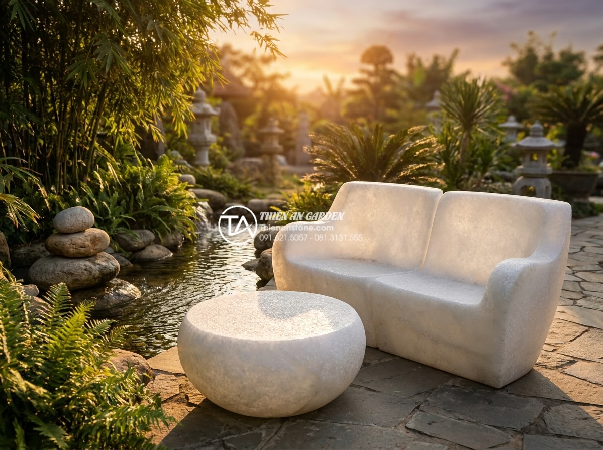 Bàn Ghế Đá Tự Nhiên - Elegant natural stone garden furniture set with unique veining patterns, surroun