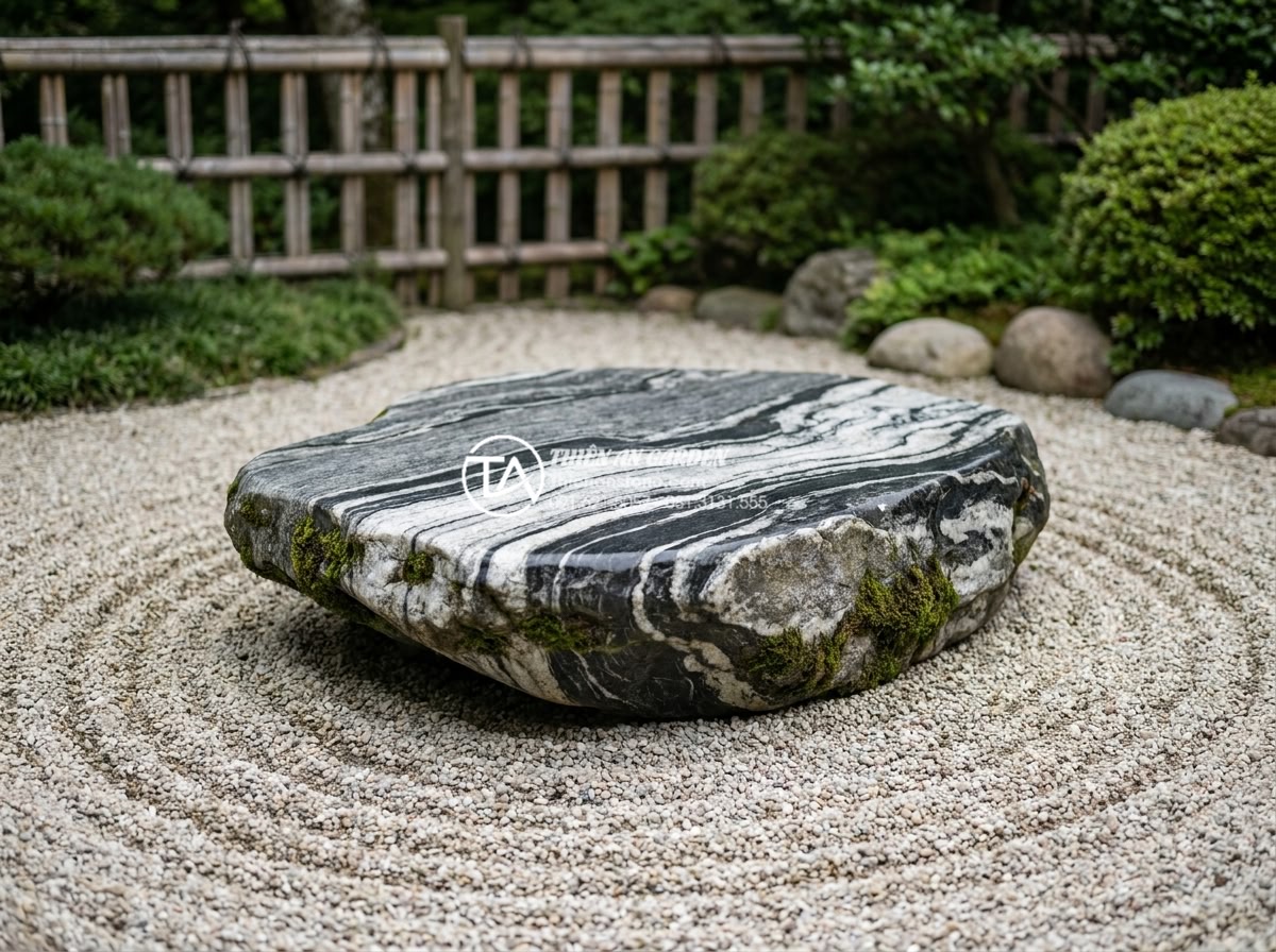 Bàn Trà Đá Nguyên Khối - Rustic river stone solid tea table with naturally smooth surface and organic sha