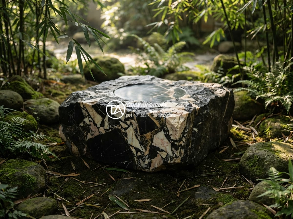 Bàn Trà Đá Nguyên Khối - Rough natural surface solid stone tea table with only the center area smoothed f