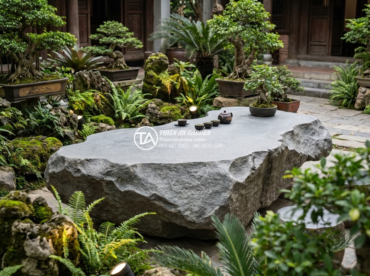 Bàn Trà Đá Nguyên Khối - Unique free-form natural shaped solid stone tea table preserving original stone 