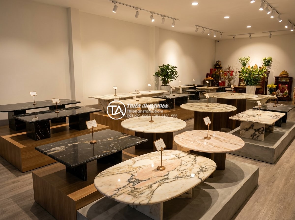 Bàn Trà Đá Nguyên Khối - Showroom display of various solid stone tea tables in different sizes, materials