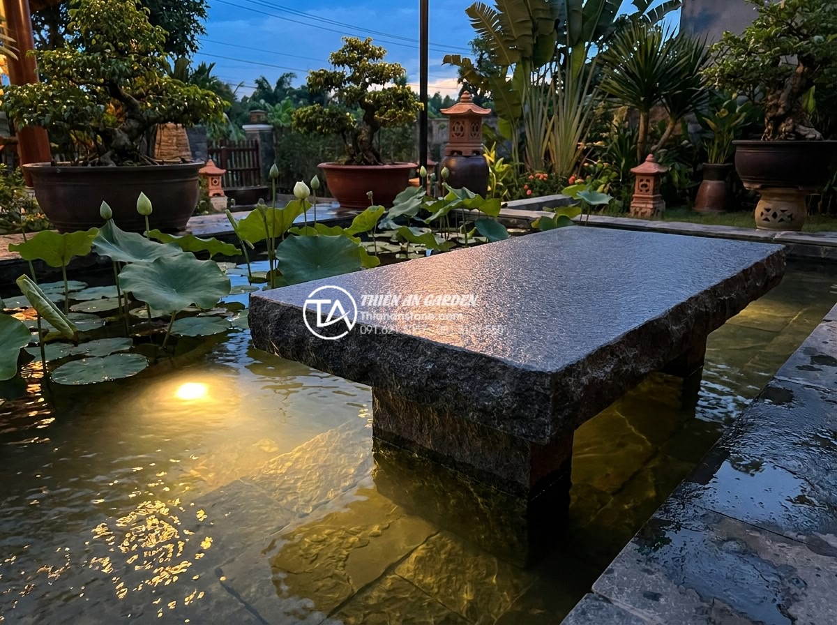 Bàn Trà Đá Nguyên Khối - Solid stone tea table positioned next to an ornamental pond with water reflectio
