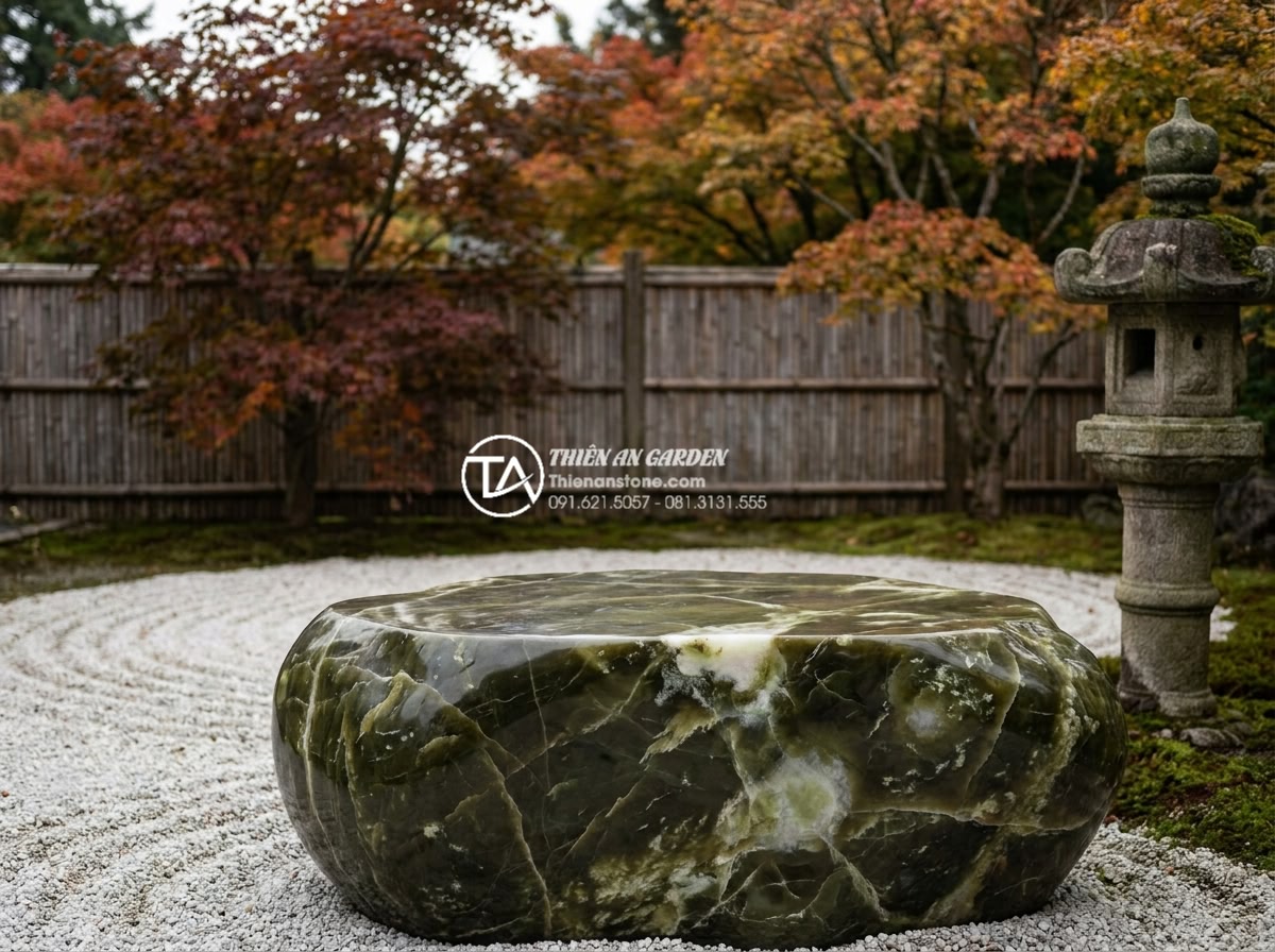Bàn Trà Đá Nguyên Khối - Natural form solid stone tea table in a Japanese zen garden, raked white gravel 