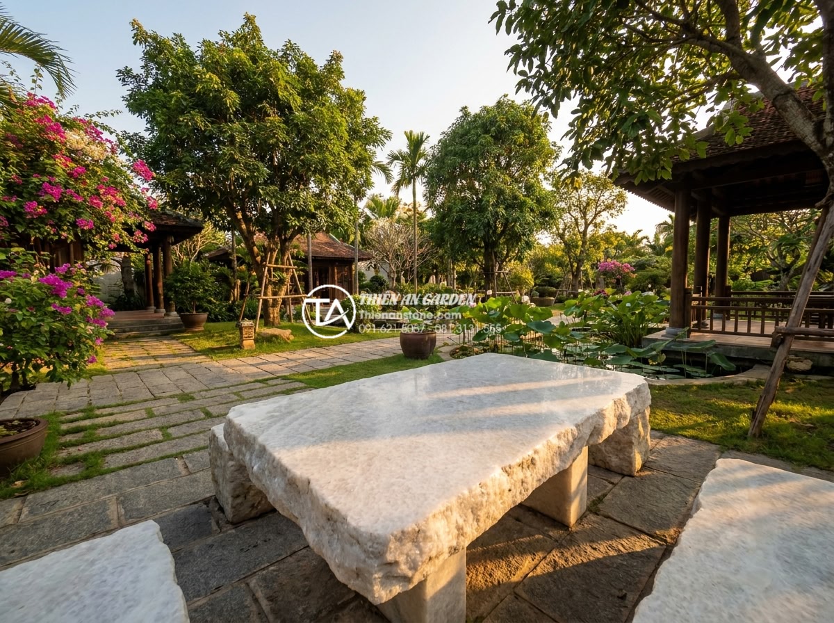 Bàn Trà Đá Nguyên Khối - Final wide panoramic shot of a complete luxury garden scene featuring a solid na