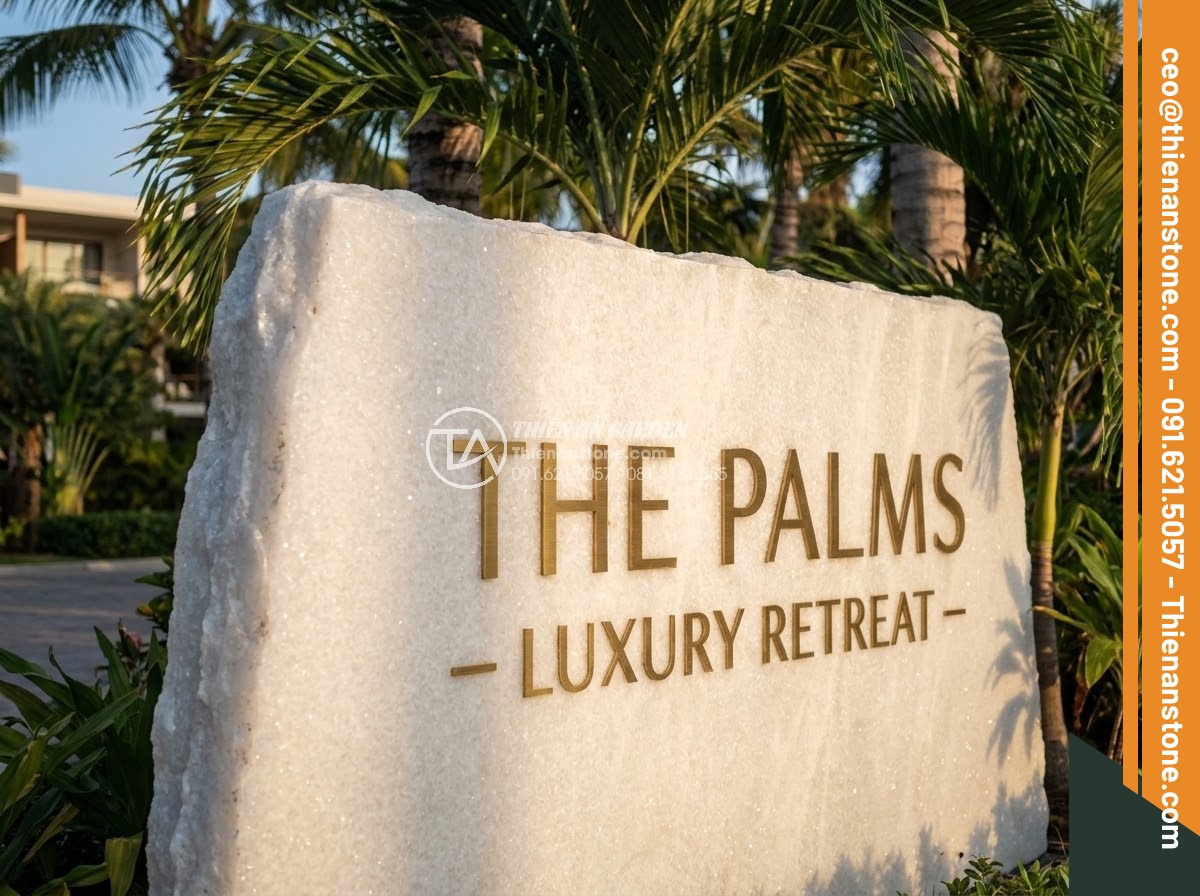 Bảng Hiệu Đá Tự Nhiên - Natural stone sign board at luxury resort entrance, large granite slab with carv