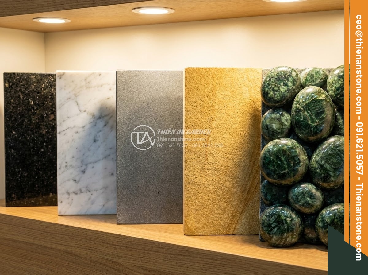 Bảng Hiệu Đá Tự Nhiên - Variety of natural stone types for signage displayed together - black granite, w