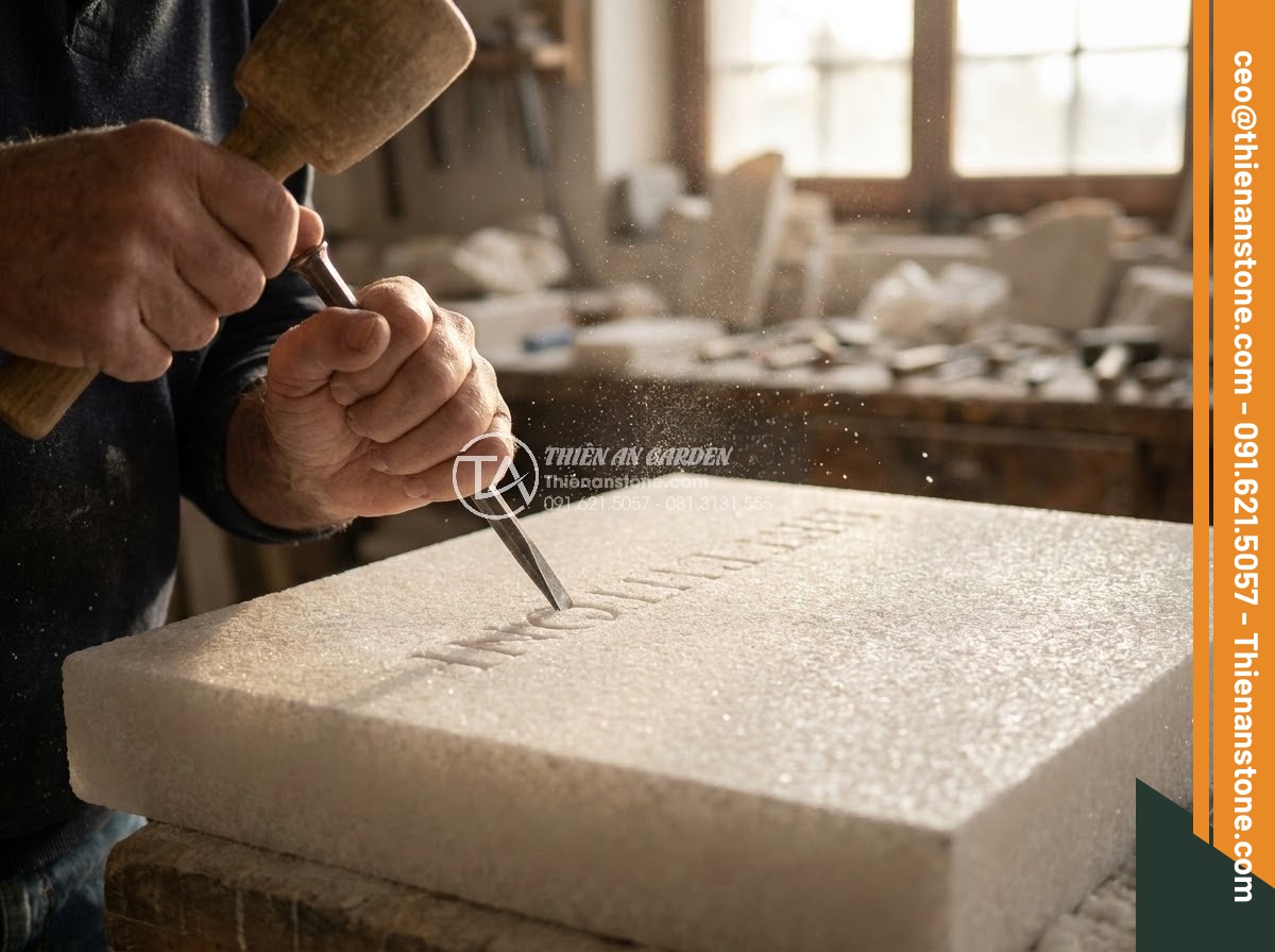 Bảng Hiệu Đá Tự Nhiên - Master stone carver hand chiseling letters into natural stone slab, close-up of 