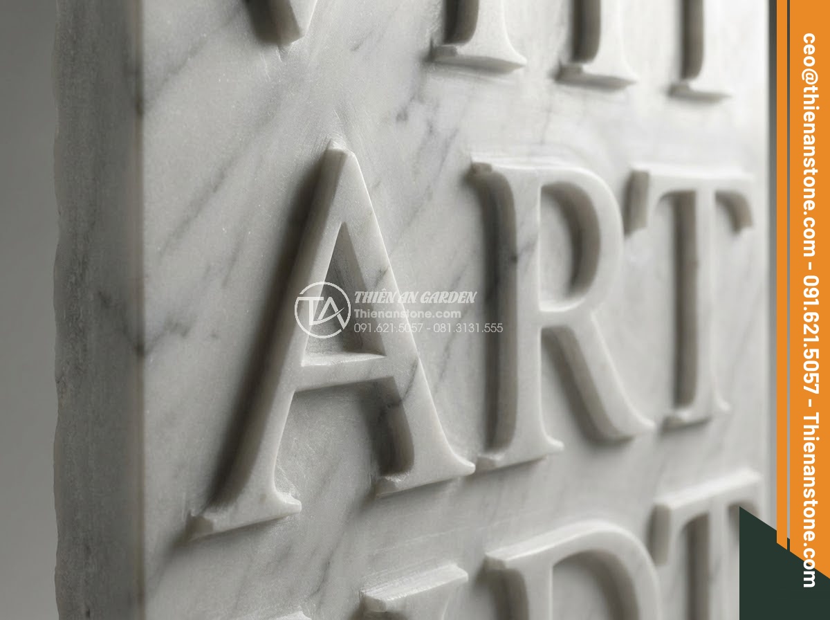Bảng Hiệu Đá Tự Nhiên - Relief carved natural stone sign with raised 3D letters, detailed view showing s