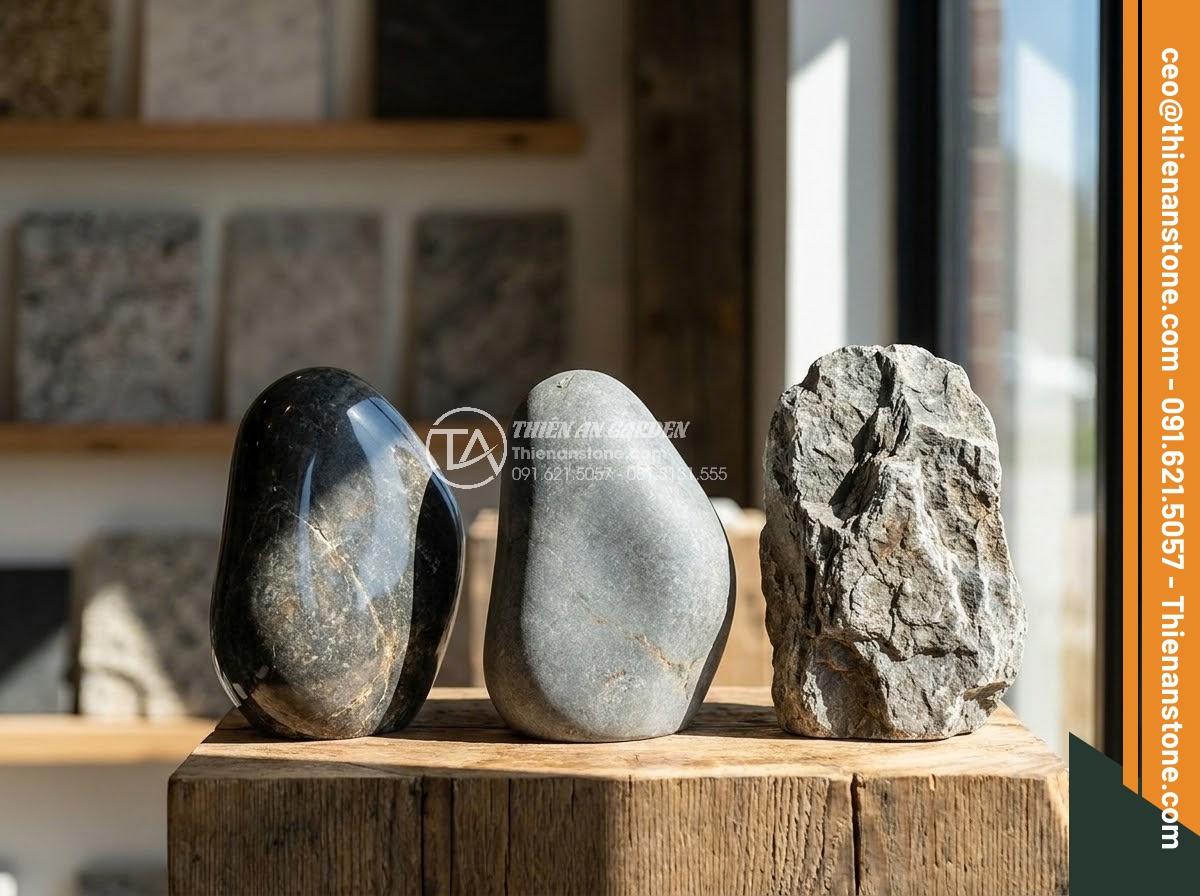Bảng Hiệu Đá Tự Nhiên - Three different surface finishes on natural stone sign samples - polished mirror