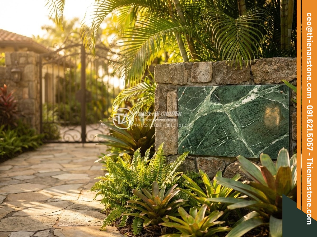 Bảng Hiệu Đá Tự Nhiên - Luxury villa entrance with natural stone name sign embedded in tropical garden l