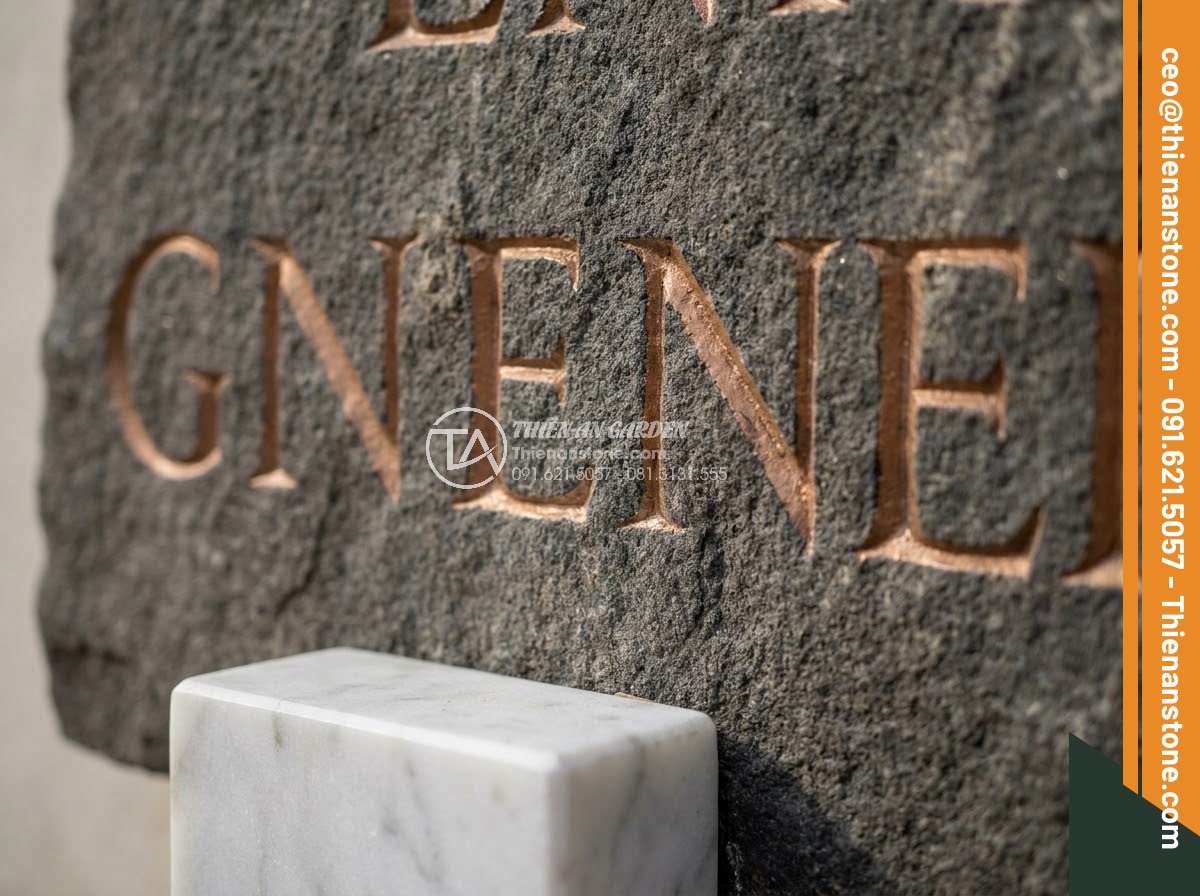 Bảng Hiệu Đá Tự Nhiên - Close-up of hand-carved letters on natural basalt stone sign, deep engraving fil