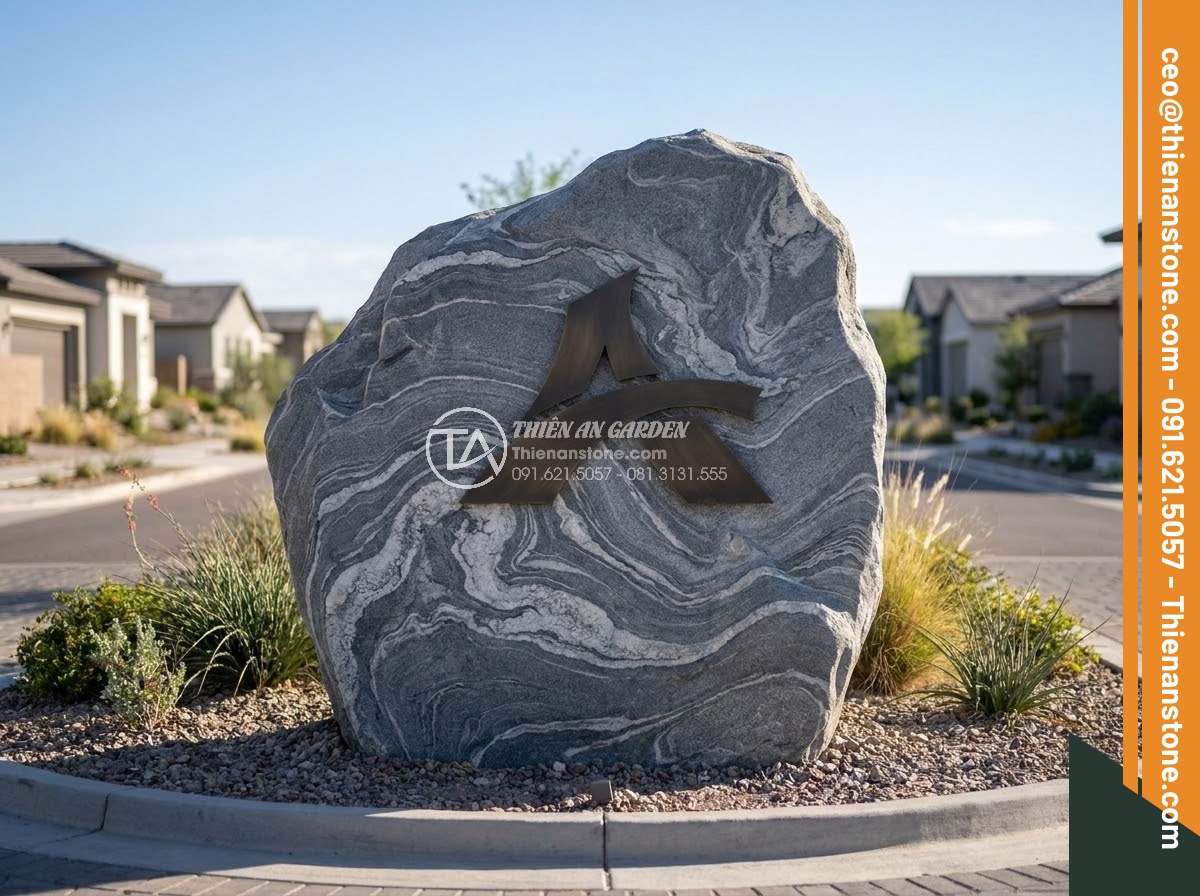 Bảng Hiệu Đá Tự Nhiên - Large natural granite monument sign at luxury residential community entrance, co