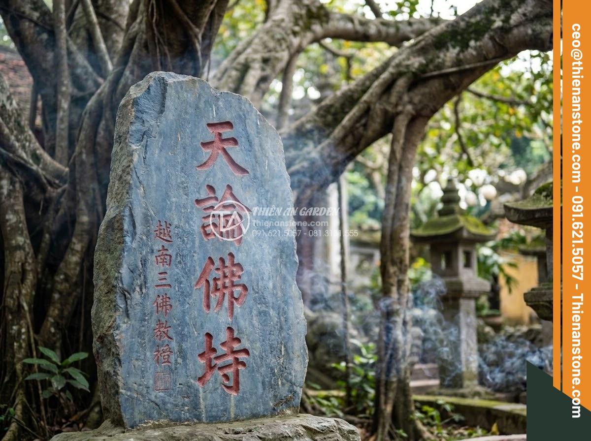 Bảng Hiệu Đá Tự Nhiên - Natural blue stone sign at traditional Vietnamese Buddhist temple entrance, Chin