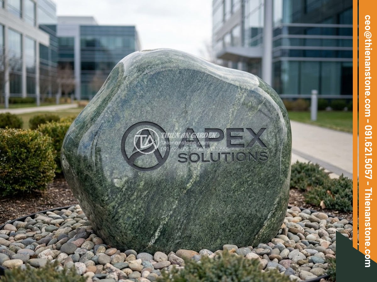 Bảng Hiệu Đá Tự Nhiên - Outdoor corporate stone monument sign at company headquarters, precision carved 