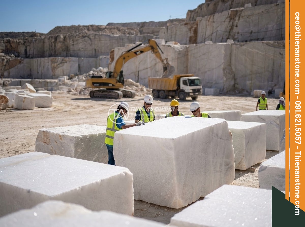Bảng Hiệu Đá Tự Nhiên - Natural stone quarry with large raw stone blocks being selected for signage, hea