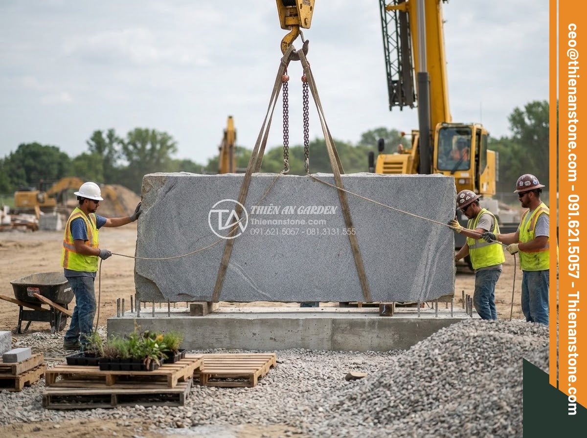 Bảng Hiệu Đá Tự Nhiên - Installation process of large natural stone sign at construction site, crane lif