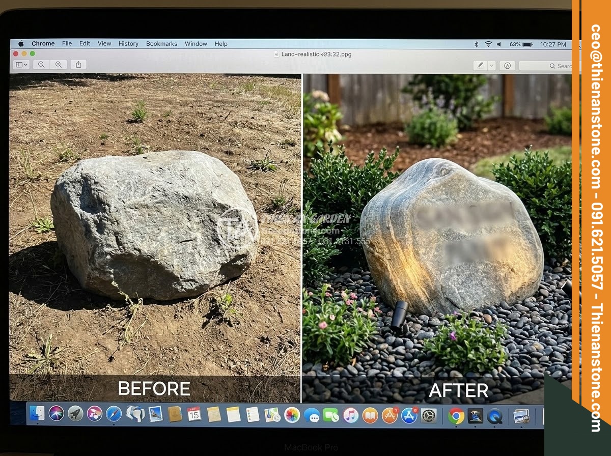 Bảng Hiệu Đá Tự Nhiên - Completed natural stone sign with finished landscaping surround, fresh planted o