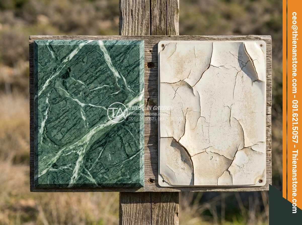 Bảng Hiệu Đá Tự Nhiên - Side by side comparison of natural stone sign versus plastic commercial sign aft
