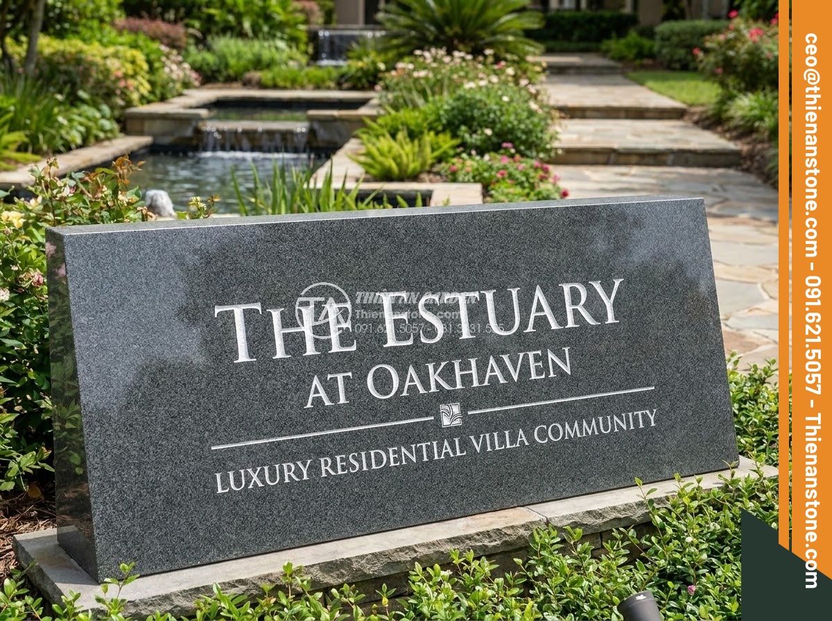 Bảng Hiệu Đá Tự Nhiên - Natural stone entrance sign for luxury residential villa community, polished dar